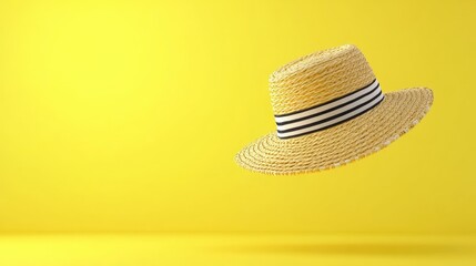 Floating Straw Hat with Black and White Ribbon on Vibrant Yellow Background