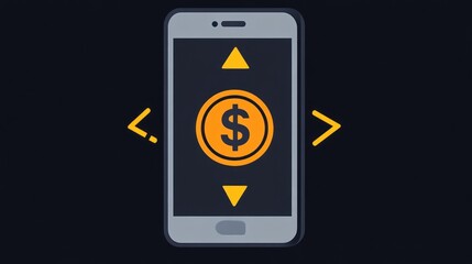 Fototapeta premium Mobile Phone Displaying Dollar Coin with Arrows Finance and Technology Concept
