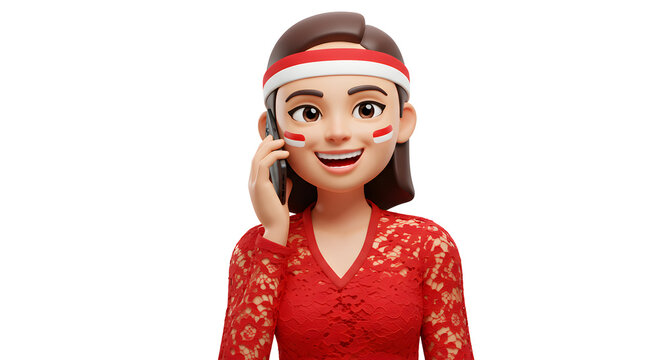 Joyful 3D Rendition of Young Woman Celebrating Indonesian Independence Day While Engaged in Mobile Conversation