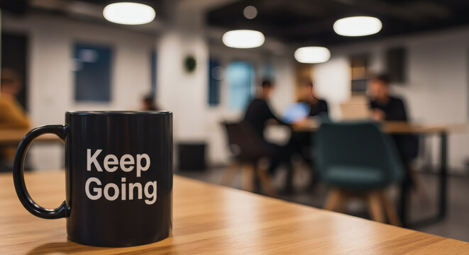 Black motivational coffee mug with keep going text on wooden desk in modern office workspace blurred teamwork in background