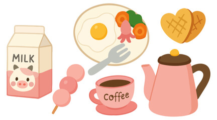 Cute pastel breakfast set with fried egg, coffee, milk, waffles and sweets in trendy flat style isolated on white background. Perfect for food blogs, stickers, kitchen themed designs, menus