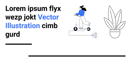 Female riding an electric scooter, plant in pot on side, text placeholders. Ideal for mobility, eco-lifestyle, modern design, transportation, technology, sustainability flat landing page banner