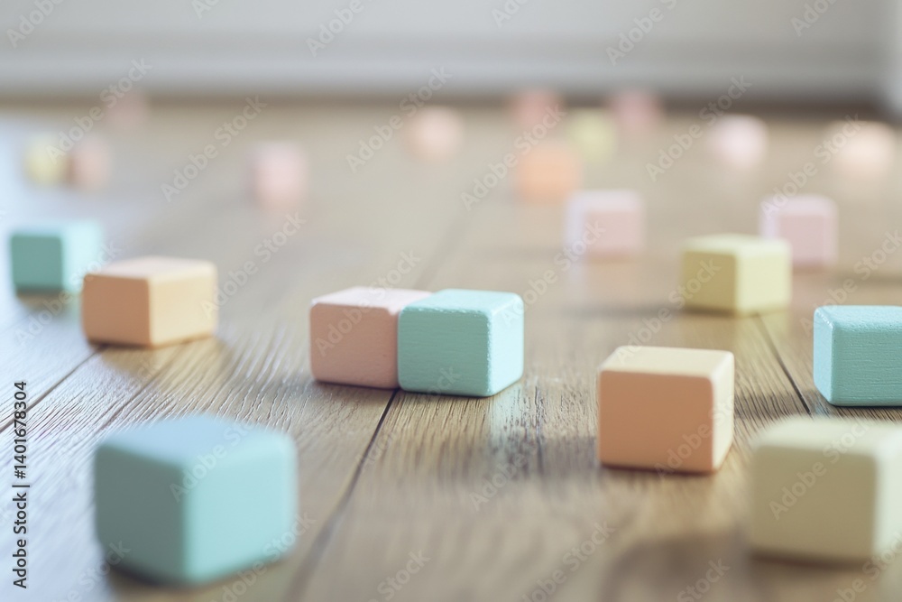 Aufkleber pastel toy blocks scattered on natural wood floor create a minimalist playful atmosphere in a bright
