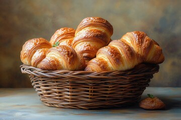 Freshly Baked Pastries in Wicker Basket with Flaky Croissants and Chocolate Bread Rolls