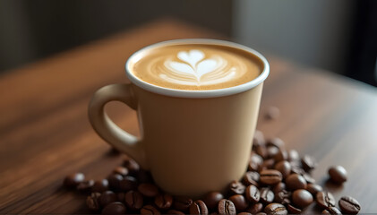 Obraz premium photo of a paper cup containing cappuccino and coffee beans around it
