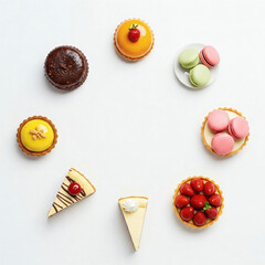 Circle of sweet cakes and macaroons on a white background