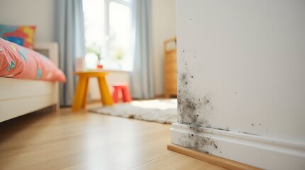 Mold growth on wall in kids’ room, near toys and bed