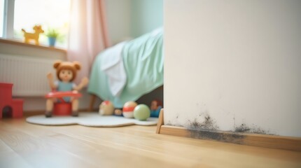 Mold growth on wall in kids’ room, near toys and bed