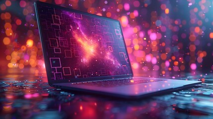 Laptop Displaying Digital Galaxy Background with Geometric Shapes and Vibrant Colors