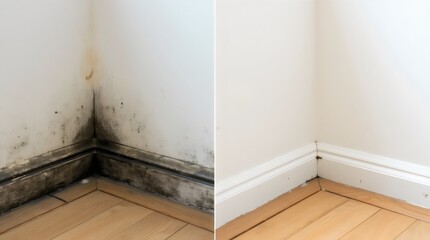 Mold in the corner of a wall above the laminate flooring, photos before and after cleaning Comparative Before and after black mold dirty wall and clean white wall	
