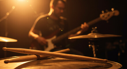 Drumsticks resting on snare drum with bassist in background atmospheric stage lighting live music performance concept