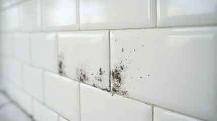 Black mold in grout between white ceramic wall tiles in a kitchen.

