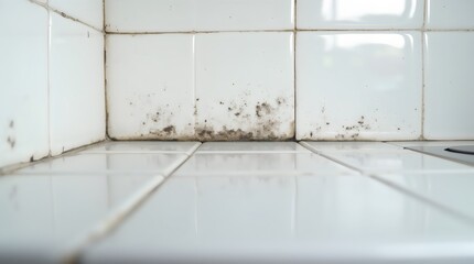 Black mold in grout between white ceramic wall tiles in a kitchen.

