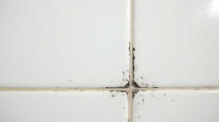 Black mold in grout between white ceramic wall tiles in a kitchen.

