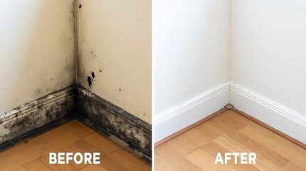 Mold in the corner of a wall above the laminate flooring, photos before and after cleaning Comparative Before and after black mold dirty wall and clean white wall	
