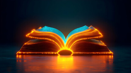 Glowing Open Book with Pixelated Pages and Orange Light on Dark Background Creating a Futuristic and Digital Education Concept