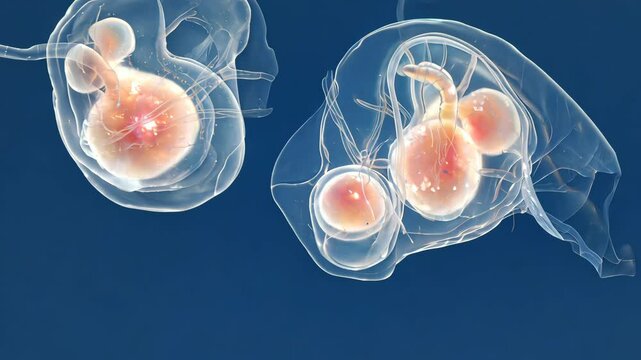 Detailed transparent render showcasing embryonic development stages on deep blue background for scientific study visualization