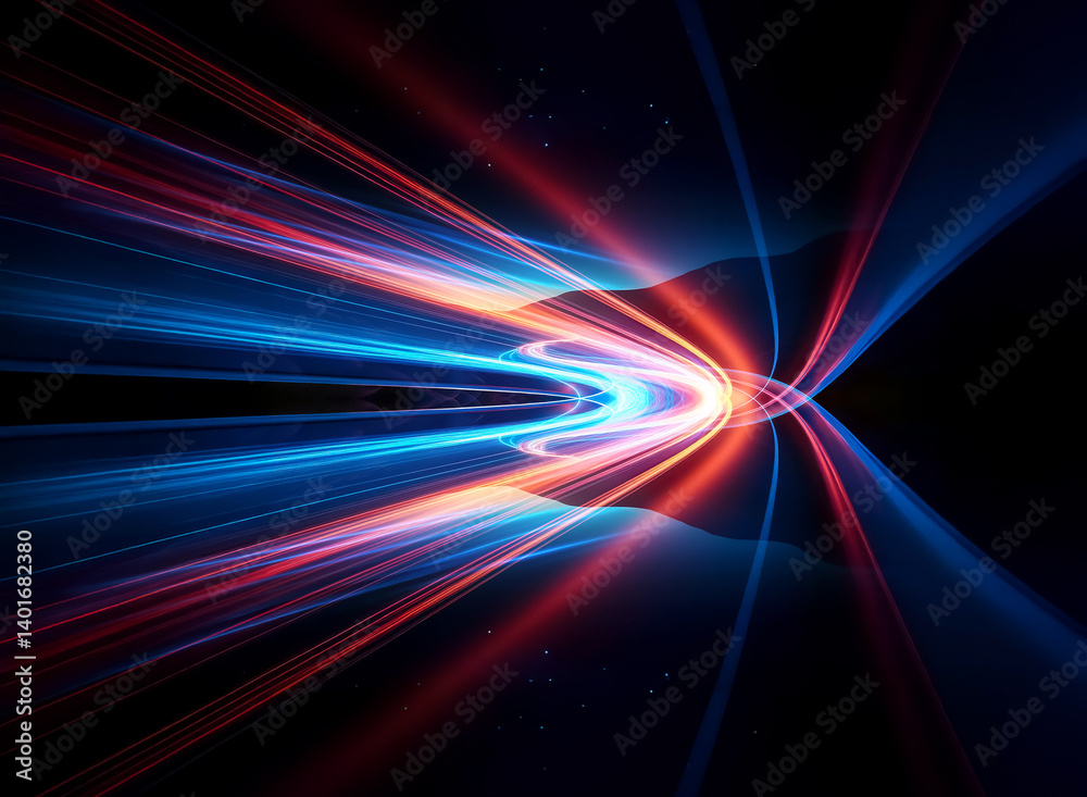 Poster abstract image of blue and red light trails curving outwards in an abstract and futuristic style on 
