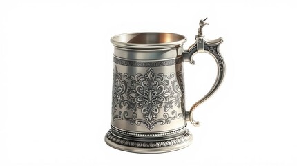 Heavy Pewter Tankard with Intricate Raised Patterns on White Background