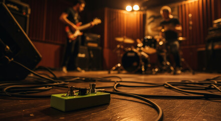 Close up of guitar pedal on wooden floor in music rehearsal studio with band playing blurred background atmosphere