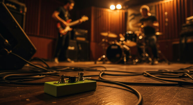 Close up of guitar pedal on wooden floor in music rehearsal studio with band playing blurred background atmosphere