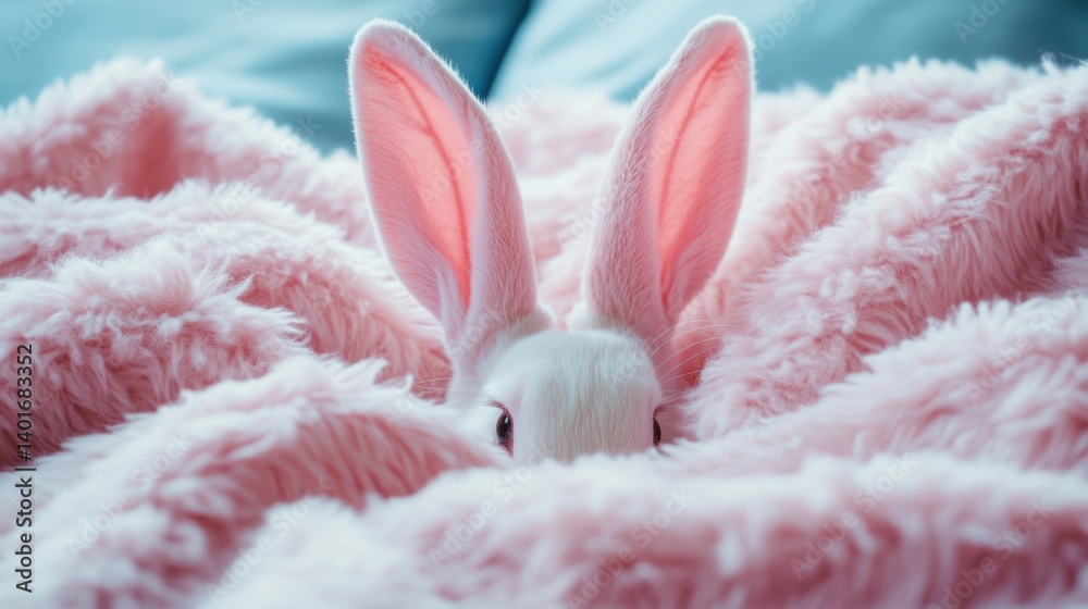Poster cozy pastel bunny ears peeking from a soft woolen blanket in a serene indoor setting during a relaxi