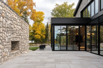 Modern architectural design featuring stone and glass elements in a serene outdoor setting with vibrant autumn foliage and a clear sky in the background