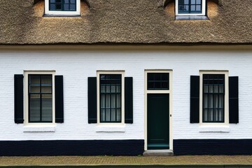 Charming traditional house with thatched roof and green door in a quaint village, showcasing simple elegance and classic architectural style