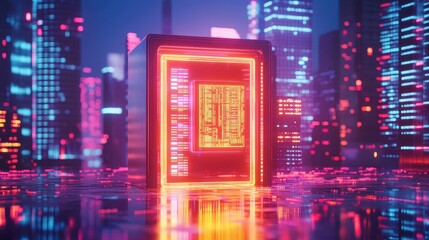 Obraz premium A glowing abstract data processor stands tall in a futuristic city