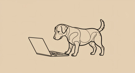 Minimalist black and white line drawing of dog using laptop modern pet technology digital animal cartoon illustration