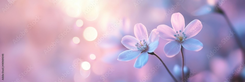 Poster Out-of-focus flowers create a dreamy atmosphere with soft bokeh on a pastel gradient background during a serene afternoon
