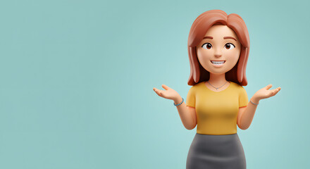 Animated Female Character Presenting or Explaining Against Soft Blue Background for Marketing or Educational Content