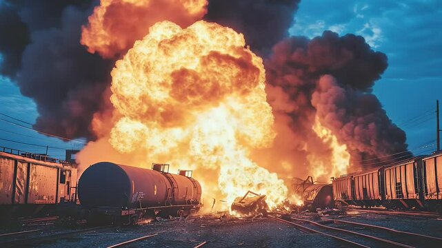 Dramatic Explosion Engulfing Train Cars With Intense Flames And Thick Smoke Under A Twilight Sky