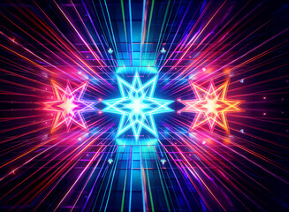 Fototapeta premium Abstract geometric design featuring vibrant neon lights. Bright lines radiate from a central star shape, creating a tunnel effect against a grid backdrop.