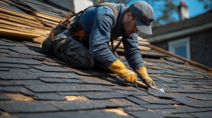 A roofer carefully removes old shingles from a house roof.