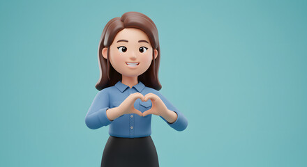 Animated woman character displaying a heart shape with her hands on a pastel blue background, symbolizing affection and care