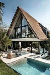 Fototapeta premium This contemporary villa features a stunning thatched roof paired with expansive glass walls, offering breathtaking views of a tranquil pool set against a sunny backdrop in a lush tropical paradise