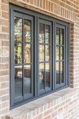 Elegant gray window frame set against rustic brick wall showcases modern design in residential space during daylight hours