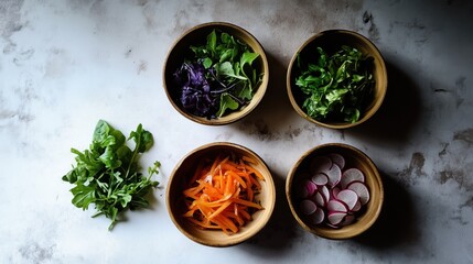 Colorful fresh salad ingredients in wooden bowls with arugula, spinach, carrots, radishes, and red cabbage
