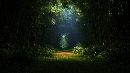Obraz premium Sunlit path through a mystical bamboo forest. Perfect for fantasy, serenity, nature, and tranquility themes.
