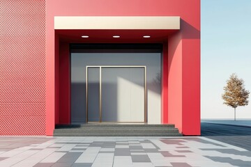 Modern Architecture with Red Facade Glass Door and Tree in Minimalist Style