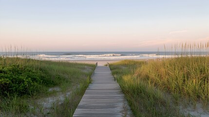 Fototapeta premium Serene beach boardwalk leading to ocean at sunset. Peaceful coastal scene with seagrass.