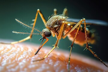 Naklejka premium Macro Photography of Mosquito Feeding on Human Skin Closeup with Fine Details and Natural Lighting