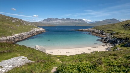 Fototapeta premium Secluded cove with pristine white sand beach, turquoise water, and dramatic mountains in the background. Perfect for travel, nature, and landscape photography.
