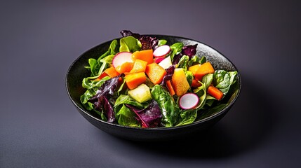 Fresh vibrant salad with spinach, mango, radish, and mixed greens in black bowl