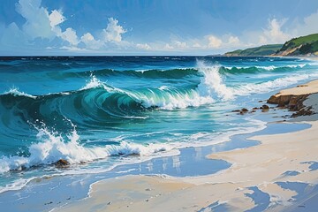 Serene Coastal Abstract Artwork Featuring Aqua Waves and White Sand Shore for Tranquil Home Decor