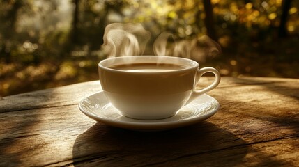 A steaming cup of coffee on a wooden table outdoors.