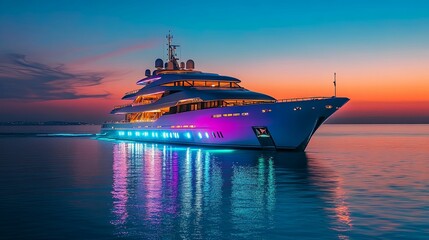 Fototapeta premium A luxurious yacht illuminated by colorful lights at sunset.