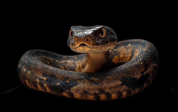 Hyper-Realistic Coiled Rattlesnake Image with Low-Key Lighting on Black Background with Detailed Scales and Intense Gaze - Powered by Adobe