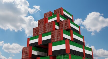 United Arab Emirates trade: Towering shipping containers with UAE flag, sky backdrop